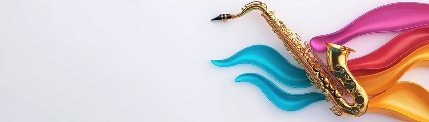 Obraz premium A vibrant saxophone blends with colorful waves, creating a lively musical atmosphere suited for jazz and creative themes.