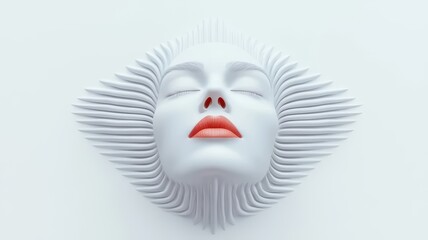 A minimalist sculpture of a serene face with striking red lips, surrounded by textured white ridges, evoking tranquility and modern art.
