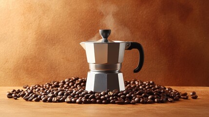 Freshly brewed coffee in a moka pot with Robusta beans on a warm background