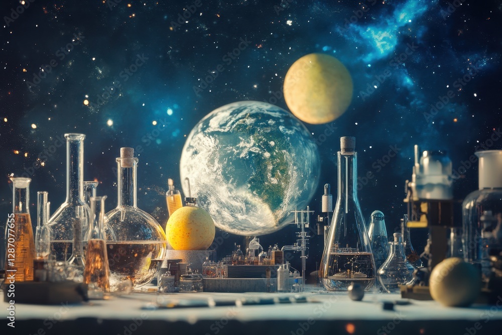 Poster lab experimentation in space with earth and planets in the background