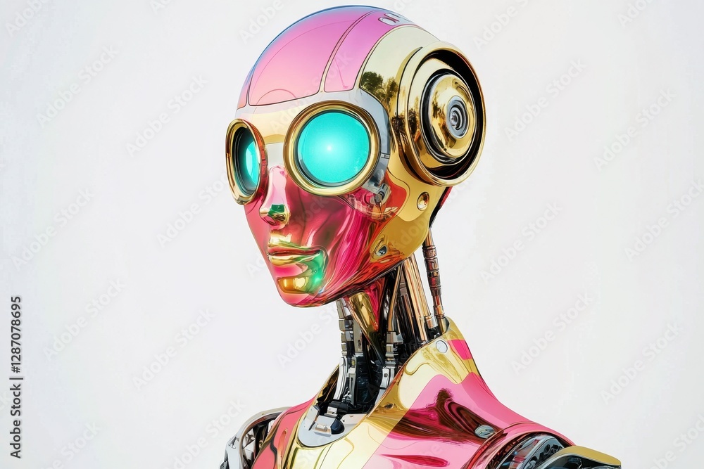 Poster sleek robotic figure showcasing futuristic design with vibrant colors and distinct features