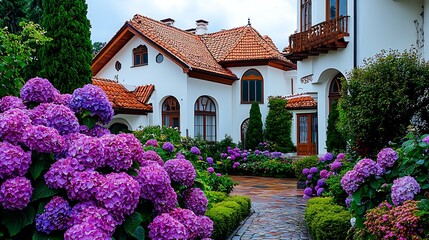 Vibrant Hydrangeas Blooming in a Picturesque Garden Estate AI Generated