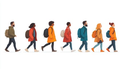 A Diverse Group of Seven Stylish Young Adults Walking Side by Side, Each Wearing Colorful Outerwear and Backpacks in a Coordinated Fashion on a White Background