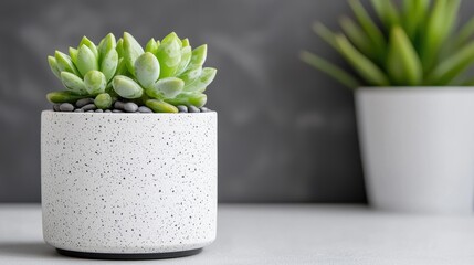 Succulent in white pot on gray background