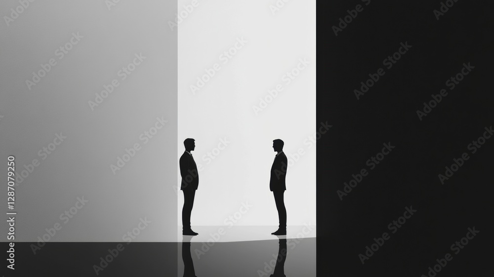 Poster two figures stand facing each other in a minimalist space with contrasting light and shadow elements