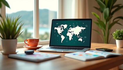 Fototapeta premium Journaux d’un Bureau à Distance : Un Monde de Collaboration pour les Travailleurs Numériques
