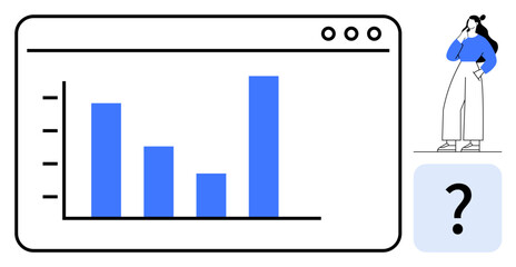 Bar graph displayed on a computer screen with a businesswoman pondering next to it. Ideal for data analysis, business strategy, performance review, decision making, growth, market research, abstract