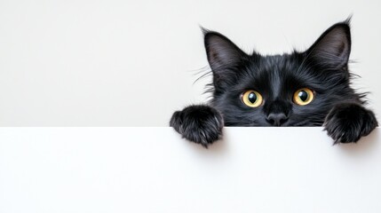 Fototapeta na wymiar Curious black cat peeking over white sign, studio background, pet advertisement
