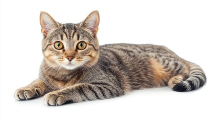 Relaxed tabby cat with bright yellow eyes