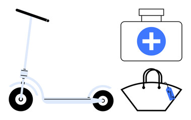 Obraz premium Scooter, first aid kit with blue cross, and handbag with tag suggest safety and convenience. Ideal for city life, emergency preparedness, daily travel, shopping, healthcare, and transport themes