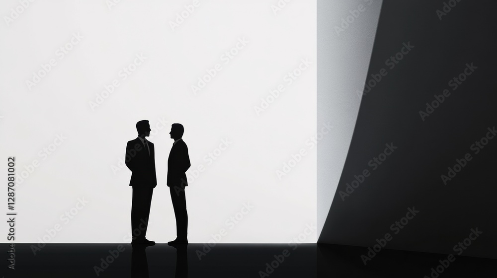 Poster Two business professionals engaged in an earnest conversation under minimalistic lighting in a modern interior space. Generative AI