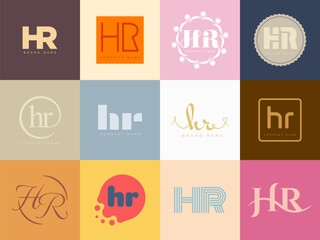 HR logo company template. Letter h and r logotype. Set different classic serif lettering and modern bold text with design elements. Initial font typography.