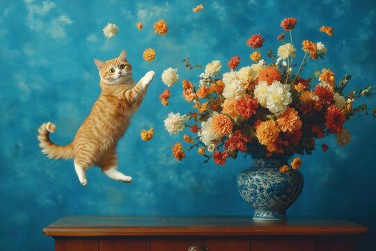 A cat mischievously knocking over a vase full of flowers