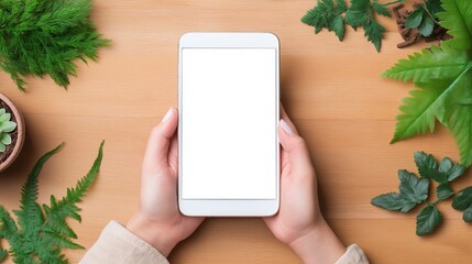 A hand grasps a smartphone featuring a blank screen while being surrounded by various green foliage on a wooden surface. Ideal for showcasing app designs or digital content