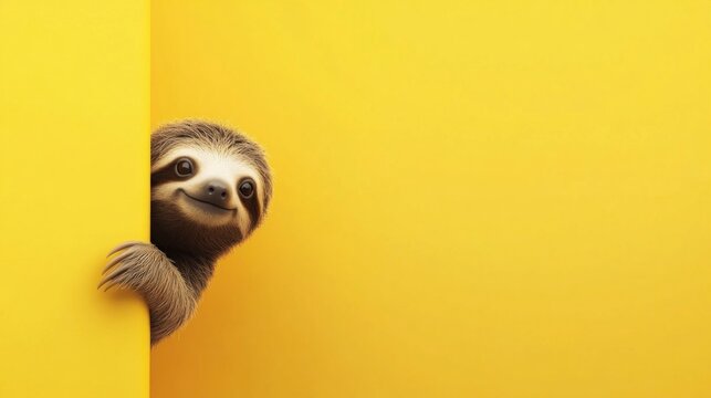 Cute sloth peeking from yellow wall, copy space