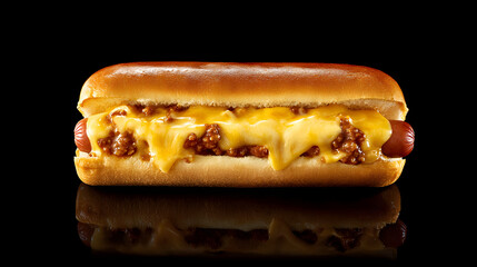 A chili cheese hot dog loaded with melted cheese and spicy chili in a toasted bun.