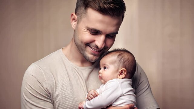 A happy young father holds a newborn baby in his arms with a smile. For businesses related to family photos, baby products, parenting, and brands for children.