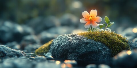 Solitary Bloom: A Serene Flower on a Mossy Rock
