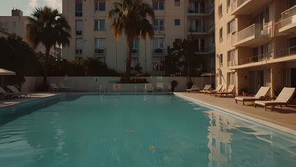 Fototapeta premium Tropical Hotel with Pool in Flat Vector Style