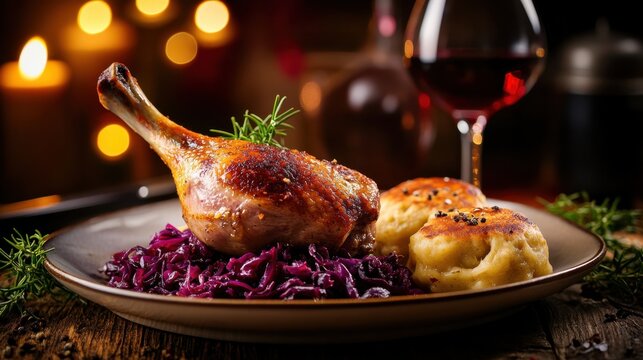 Gourmet roasted duck leg with dumplings