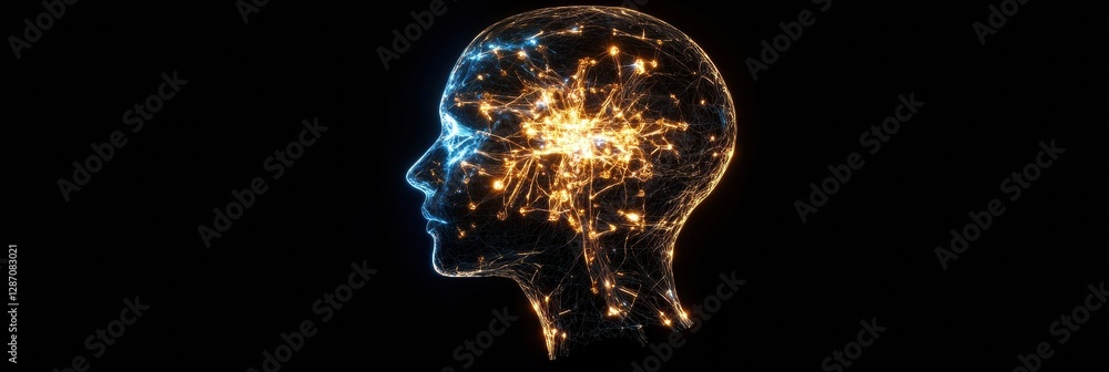 Poster Profile of a human head with neural connections and glowing synapses depicting cybernetic intelligence and innovation. Generative AI