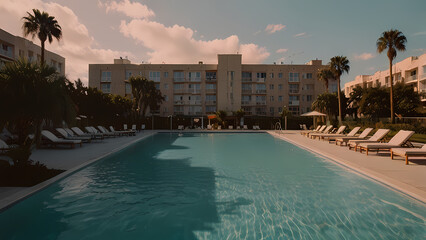 Fototapeta premium Simple Flat Hotel with Pool and Bright Sun