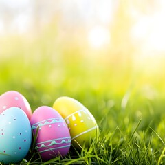 Fototapeta premium Easter eggs in grass. Easter abstract background with blurred background and copy space.