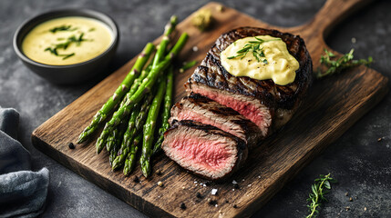 A classic French chateaubriand steak for two sliced and served with Béarnaise sauce and buttered asparagus.