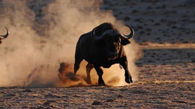 African buffalo charging through dust in golden sunlight, displaying power and determination. Wildlife photography and natural habitat concept