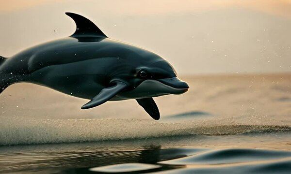 A cheerful young gray dolphin jumps out of the water, crashing into the waves with a playful grin, a small island in the open sea in the background. 4k