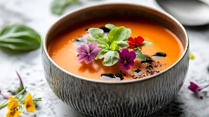 A colorful gazpacho soup served in a fine porcelain bowl garnished with basil leaves and edible flowers.