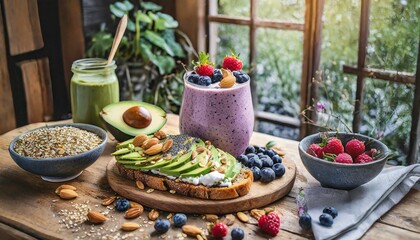 A vibrant, glucose-friendly breakfast with whole grains, berries, nuts, a smoothie made with almond milk and chia seeds, avocado toast, flaxseeds, and a cozy, warm kitchen ambiance.