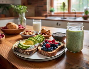 A vibrant, glucose-friendly breakfast with whole grains, berries, nuts, a smoothie made with almond milk and chia seeds, avocado toast, flaxseeds, and a cozy, warm kitchen ambiance.