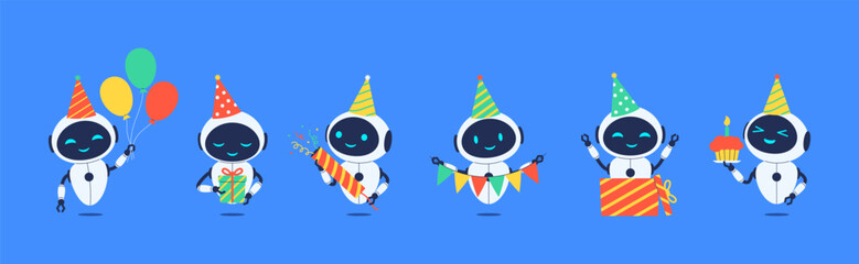 Set of smiling robots celebrating birthday with party elements. Vector illustration for AI, celebration or tech themed designs