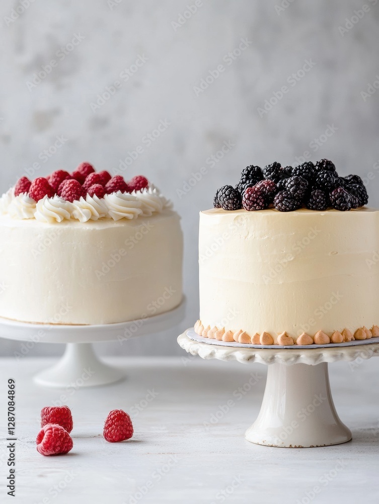 Poster two elegant buttercream cakes topped with fresh berries on a light background. generative ai