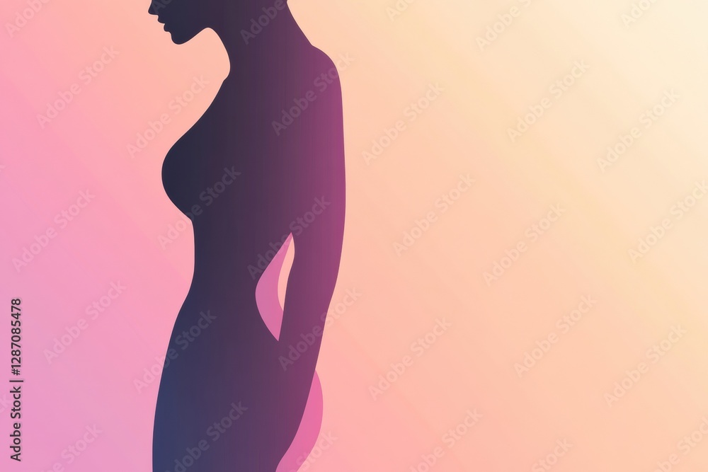 Poster minimalist illustration showcasing female silhouette with emphasized waistline against a soft gradie