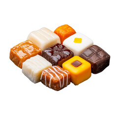Square-shaped assorted pastries arranged on a transparent background