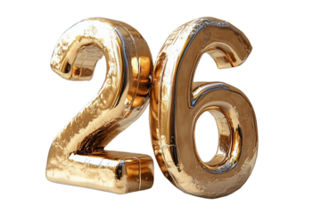 Gold Number Twenty Six 3D Render on Transparent Background