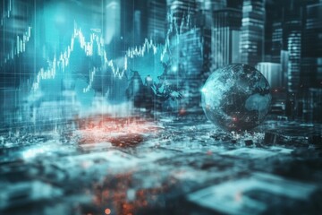 Digital visualization of global finance with stock market data set in a futuristic cityscape