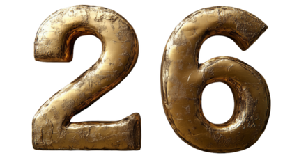 Gold Number Twenty Six on Transparent Background