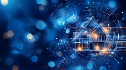 Digital blueprint of house with glowing elements and abstract background