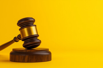 Classic wooden judge's gavel on a sound block, isolated solid color background