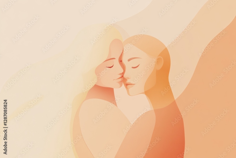Poster warm embrace between two abstract figures in a soft pastel setting at sunset. generative ai