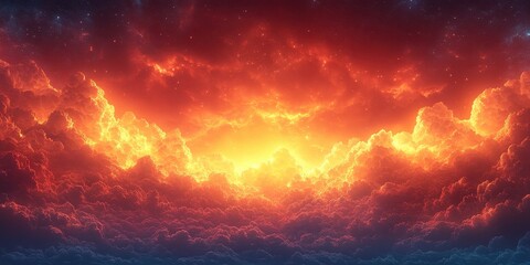 Naklejka premium Vibrant Fiery Sunrise Illuminating a Majestic Sky with Voluminous Orange and Red Clouds Creating a Breathtakingly Serene Atmospheric Display