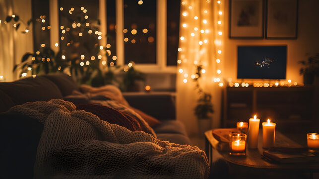 A cozy evening scene in a living room with dim lighting and candles.