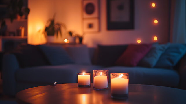 A cozy evening scene in a living room with dim lighting and candles.