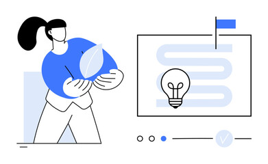 Female character holds leaf near flowchart with lightbulb and flag. Ideal for sustainability, innovation, environmental awareness, green energy projects, eco-friendly practices, process optimization