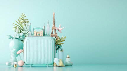 stylish blue suitcase surrounded by travel landmarks and accessories evokes wanderlust and adventure