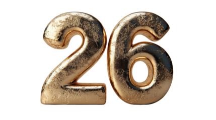 Golden Number 26 with Glitter Isolated on Transparent Background for Celebration Design