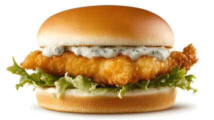 A crispy fish fillet sandwich with lettuce and tartar sauce on a toasted bun.